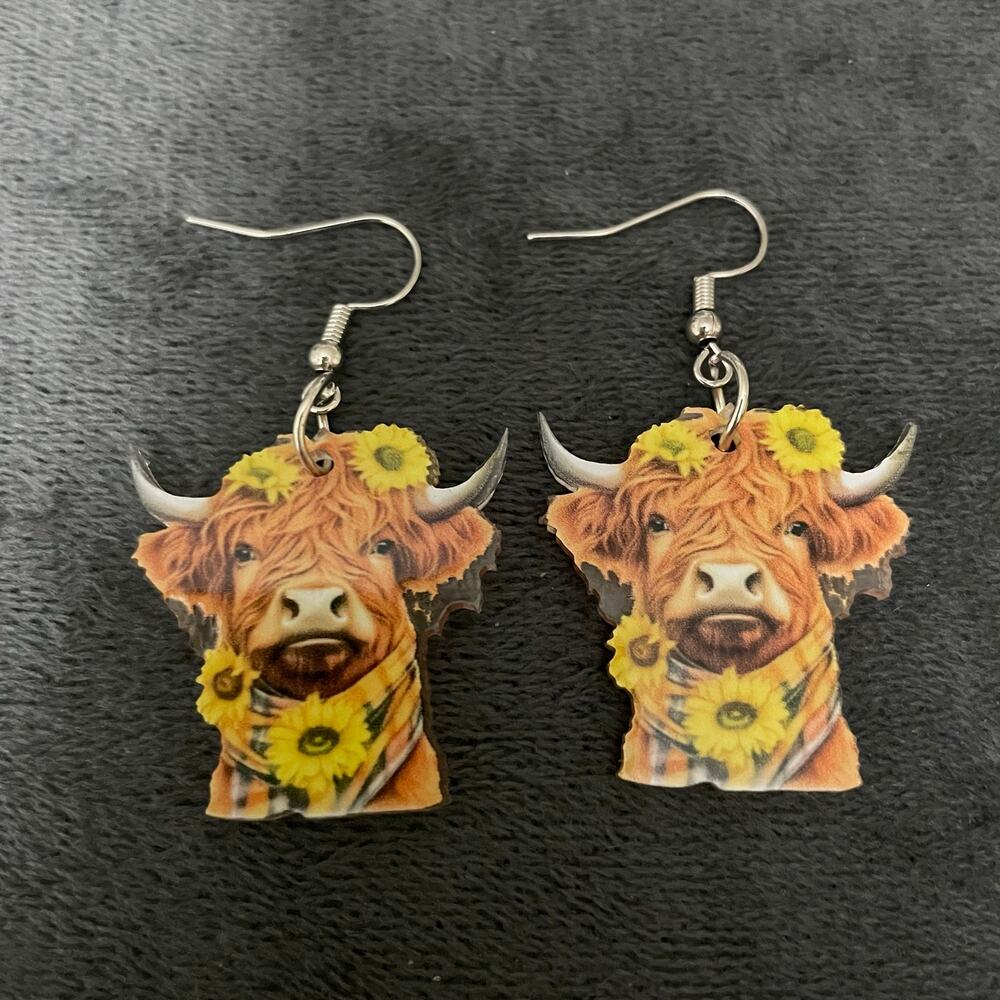 Vintage Dangle Earrings Highland Cow Fashion Jewelry